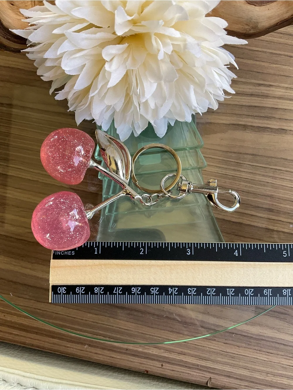 Pink Glitter Cherry Keychain Charm with Silver Hardware